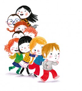 Ilustración de Amélie Graux. La hora del patio. Reencontrarse y jugar con los amigos es lo mejor del primer día de clase.
