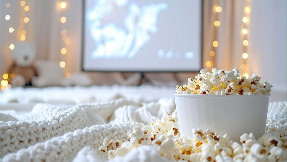 Plan familiar de cine en casa con palomitas y una película infantil proyectada
