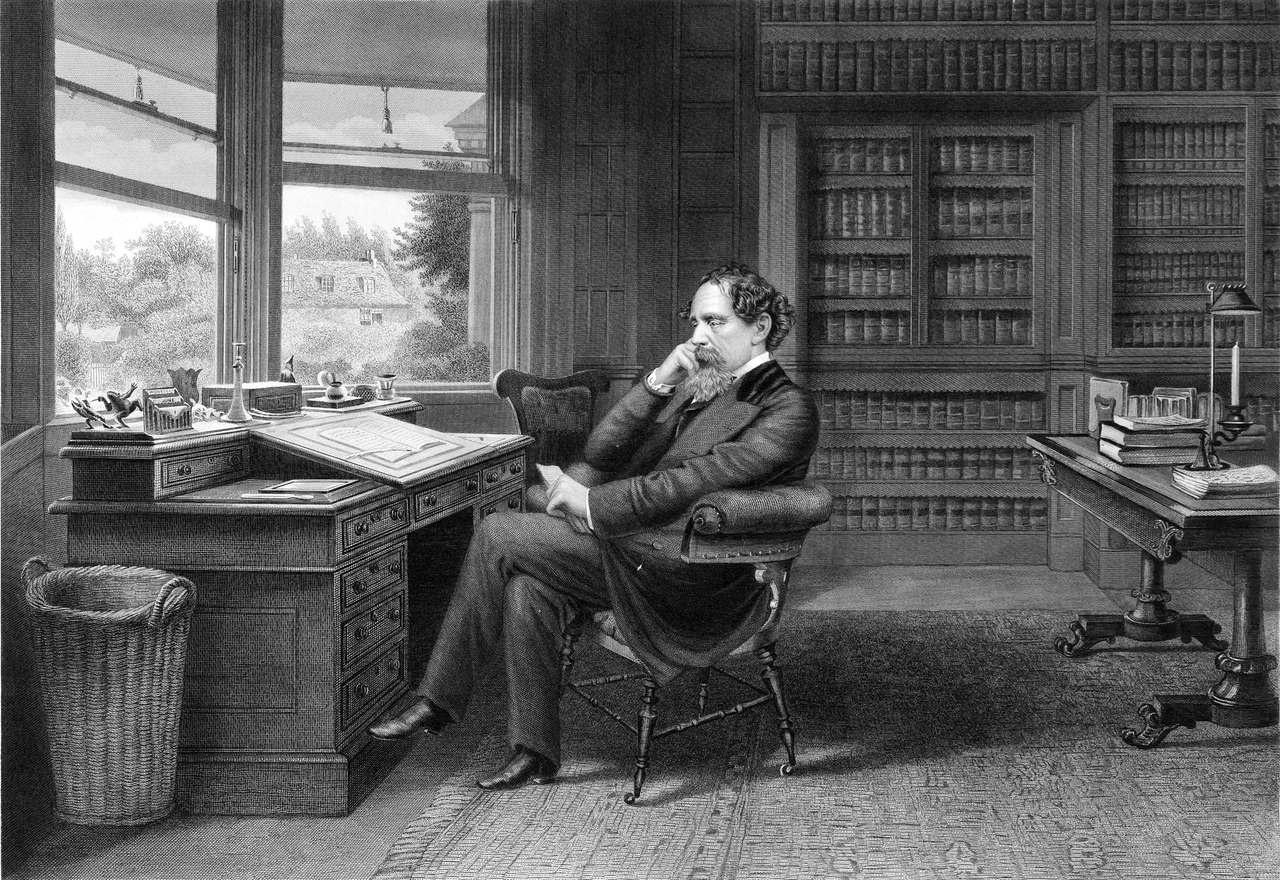 Grabado de Dickens en su estudio de Gads Hill.