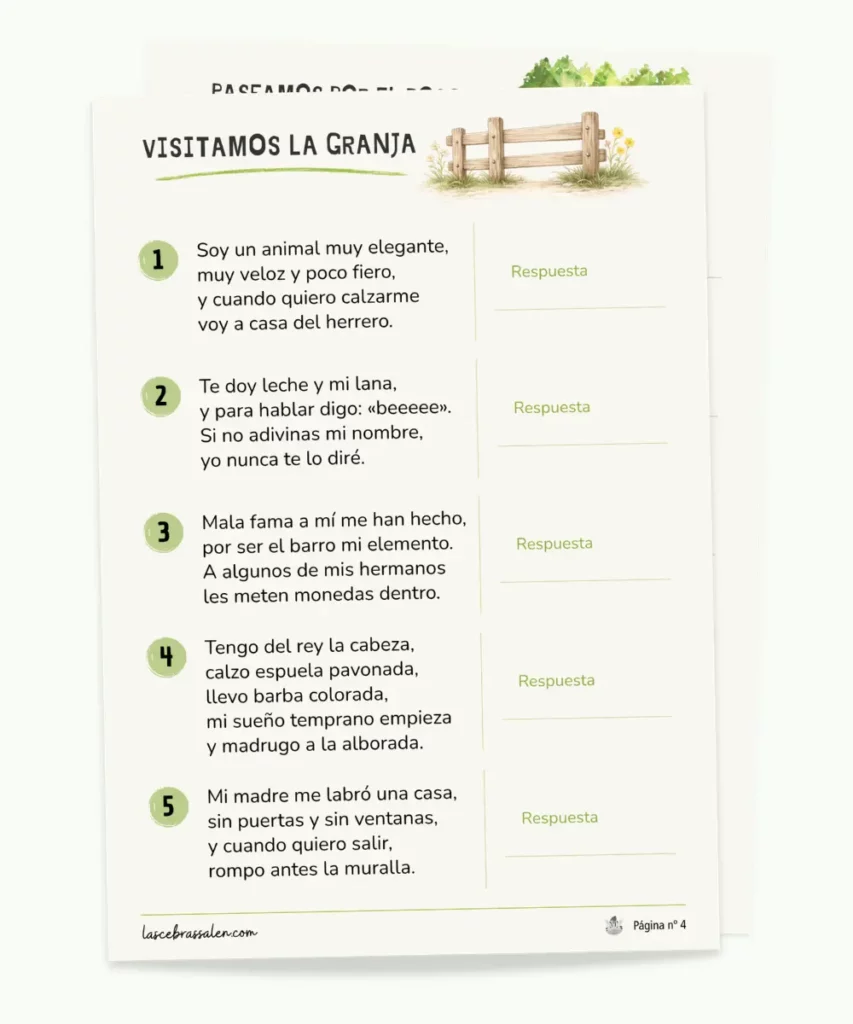 Mockup del cuadernillo de adivinanzas de animales para imprimir con 60 adivinanzas infantiles