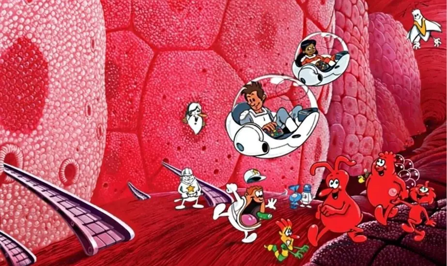 Personajes de Érase una vez... la vida recorriendo el interior del cuerpo humano.