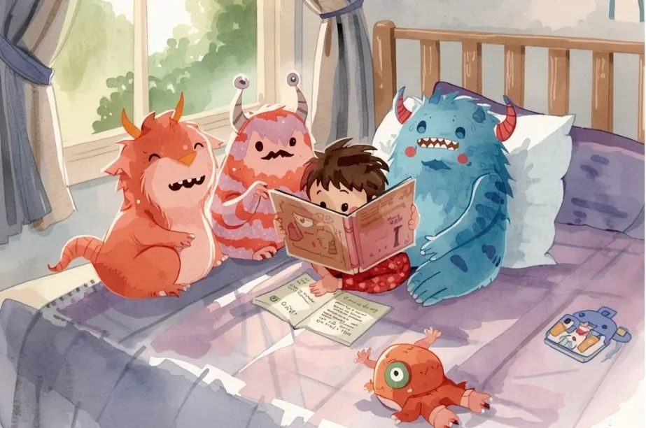 niño leyendo con monstruos amigables en una habitación infantil