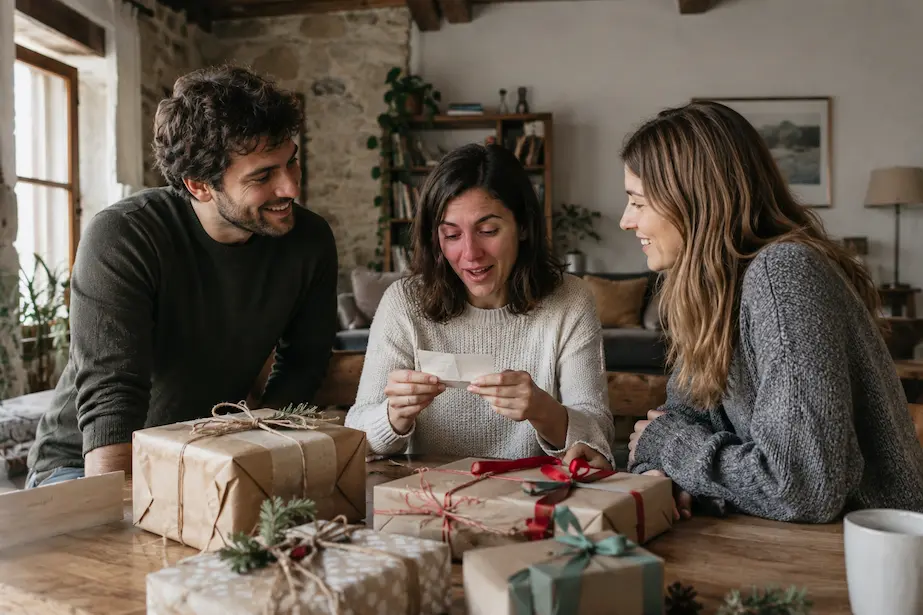 Amigos leyendo una nota durante un amigo invisible