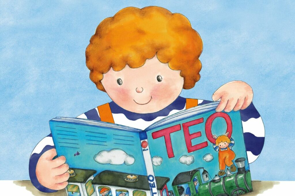 Ilustración de Teo leyendo un libro sobre sus propias aventuras.