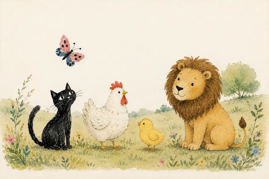 Ilustración infantil en acuarela con un gato negro, una gallina, un pollito, un león y una mariposa inspirada en los poemas de animales de Gloria Fuertes