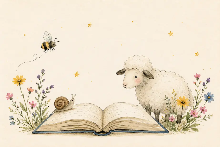 Libro abierto con una abeja, un caracol y una oveja en una ilustración inspirada en los poemas cortos de Gloria Fuertes para niños