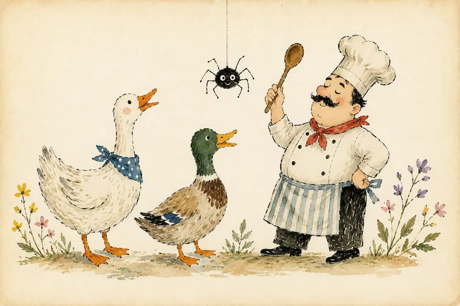 Ilustración en acuarela de una oca, un pato, una araña y un cocinero inspirada en los poemas divertidos de Gloria Fuertes para niños.