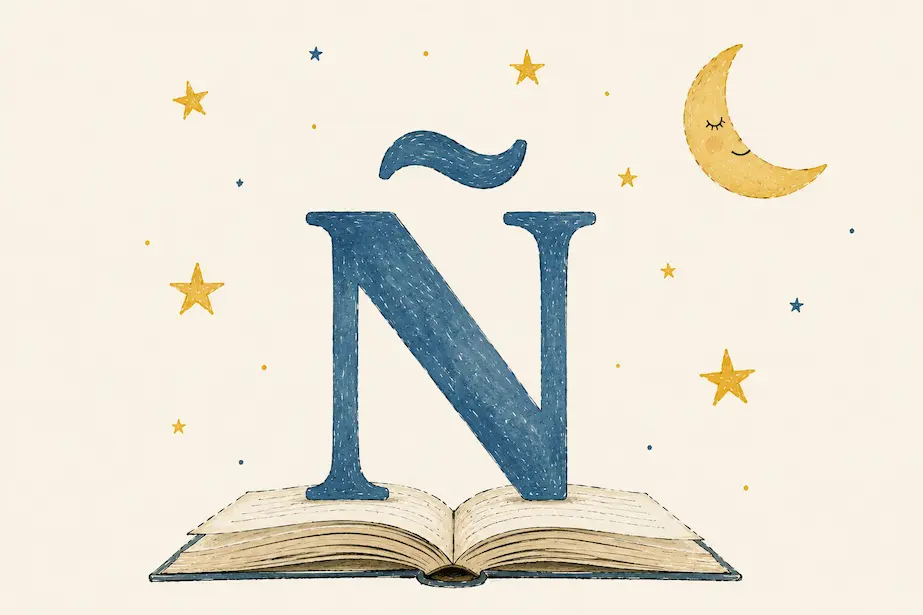 Ilustración en acuarela con una gran letra Ñ sobre un libro abierto, rodeada de estrellas y una luna, inspirada en los poemas de Gloria Fuertes para jugar con las palabras.