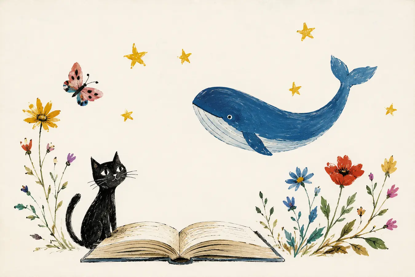 Ilustración de un libro abierto con una ballena azul, un gato negro, flores y estrellas inspirada en los poemas de Gloria Fuertes para niños