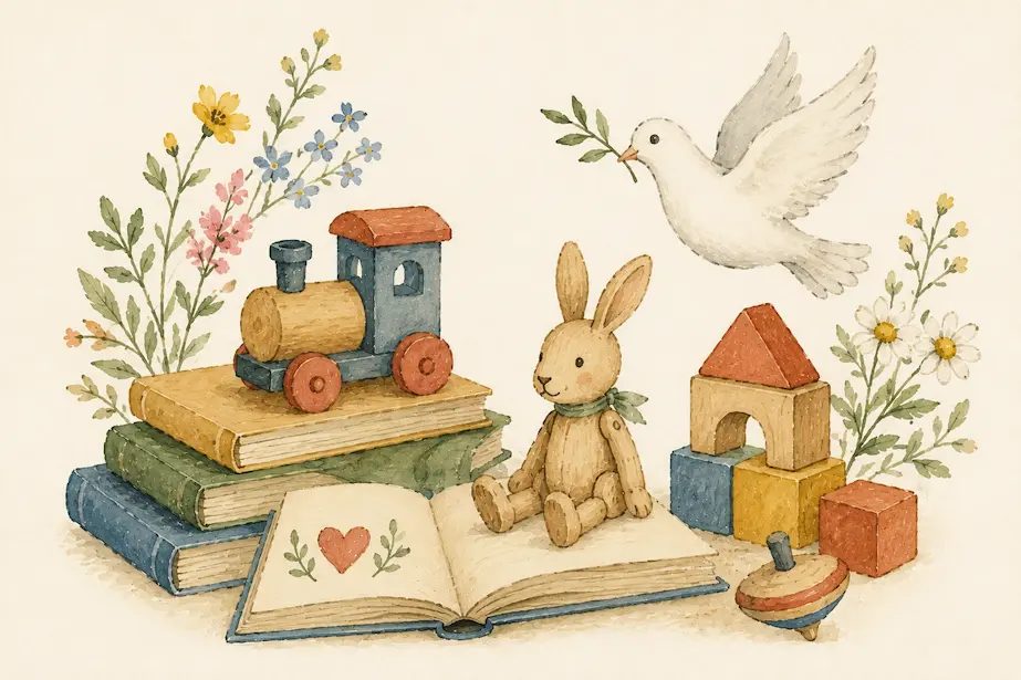 Ilustración en acuarela con juguetes de madera, libros, flores y una paloma blanca inspirada en los poemas de Gloria Fuertes con valores para niños.