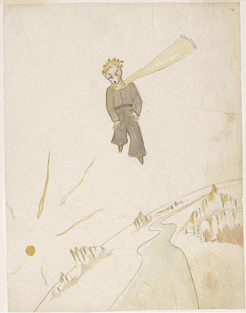 principito ilustracion original acuarela flotando bufanda desierto