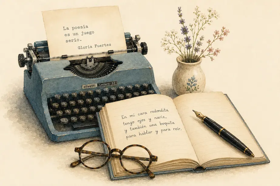 Ilustración en acuarela con una máquina de escribir vintage, un libro abierto con versos de Gloria Fuertes, unas gafas redondas y una estilográfica, inspirada en la escritora y su universo poético.