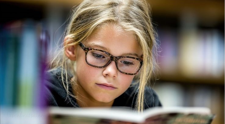 Niña leyendo Cinco semanas en globo adaptado