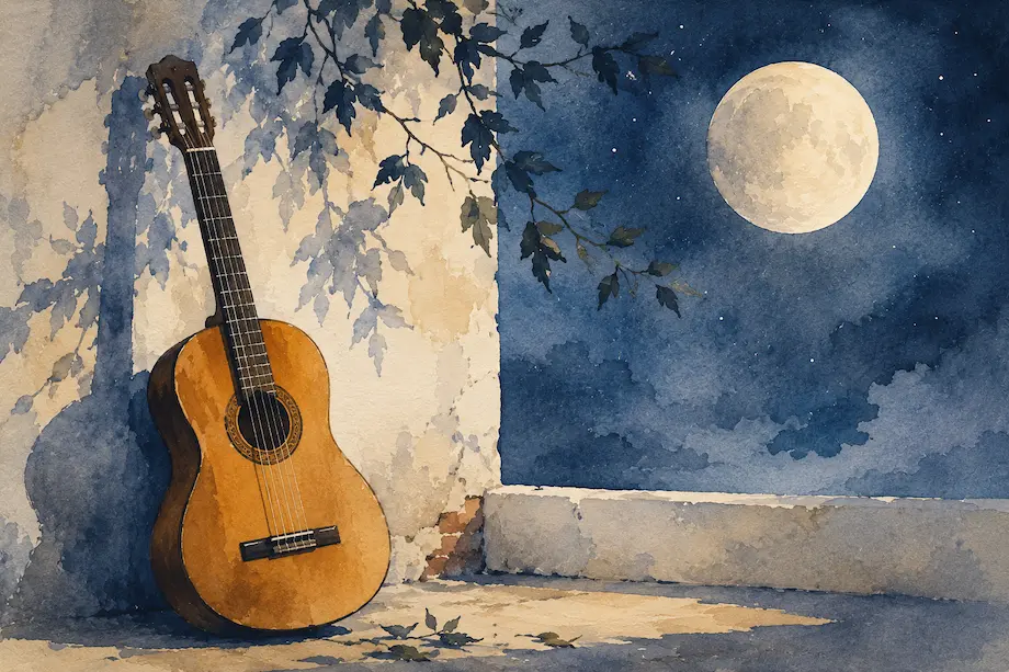 Ilustración en acuarela de una guitarra bajo la luna inspirada en la poesía de Federico García Lorca