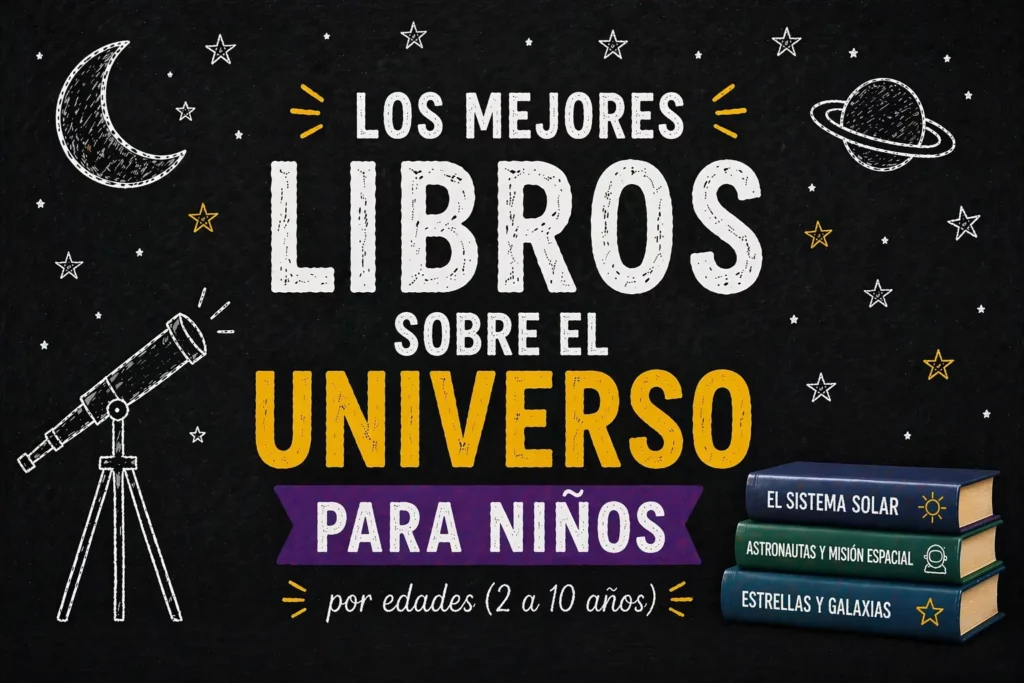 libros sobre el universo para niños de 2 a 10 años con ilustración de espacio, telescopio y selección por edades