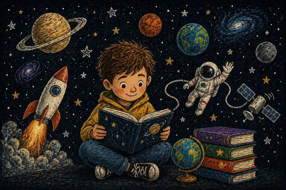 niño leyendo libro sobre el espacio con astronauta y planetas ilustración infantil