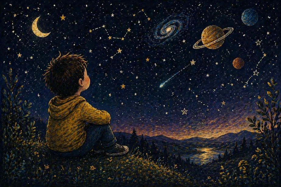 niño mirando las estrellas en el cielo nocturno con planetas y galaxias ilustradas