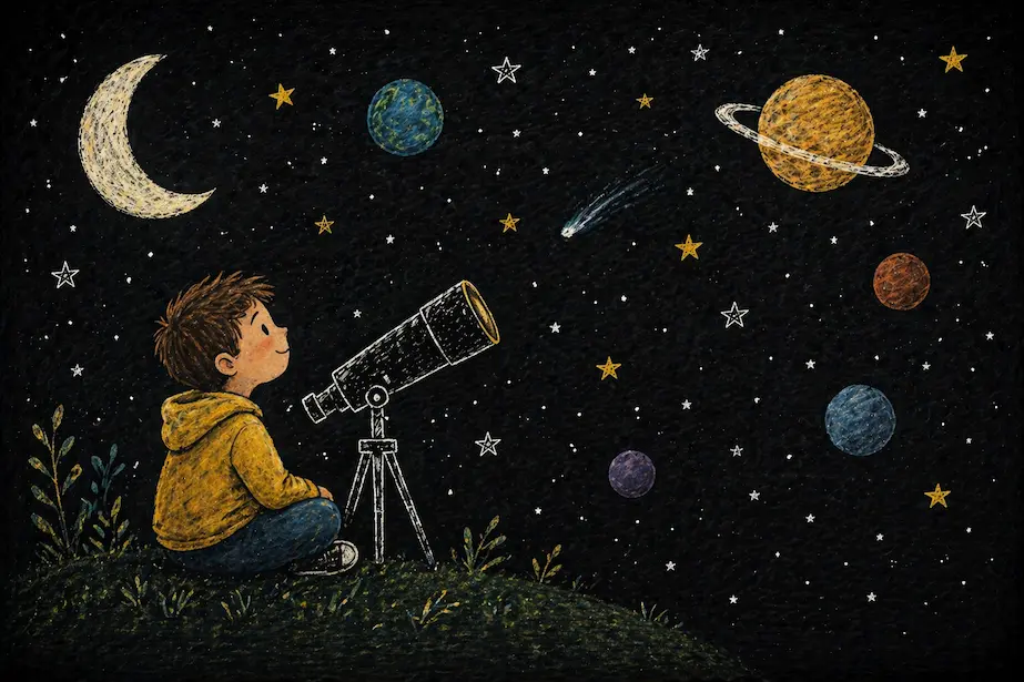 niño observando estrellas con telescopio ilustración universo infantil