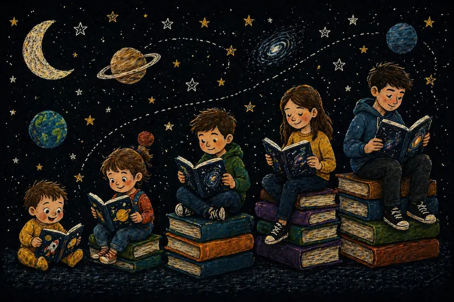 niños leyendo libros sobre el espacio por edades ilustración infantil