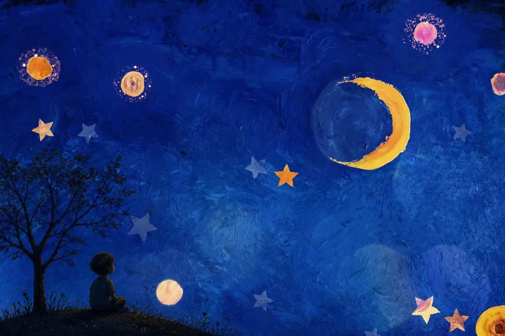 Ilustración nocturna inspirada en los poemas infantiles de Federico García Lorca con un niño mirando la luna