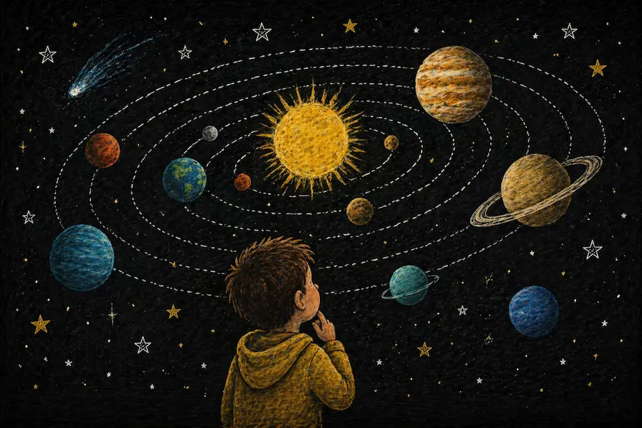 ilustración sistema solar para niños con planetas y estrellas en el espacio