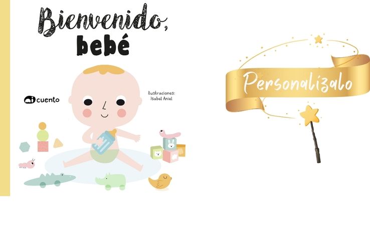 Bebé con un cuento ilustrado con su foto.