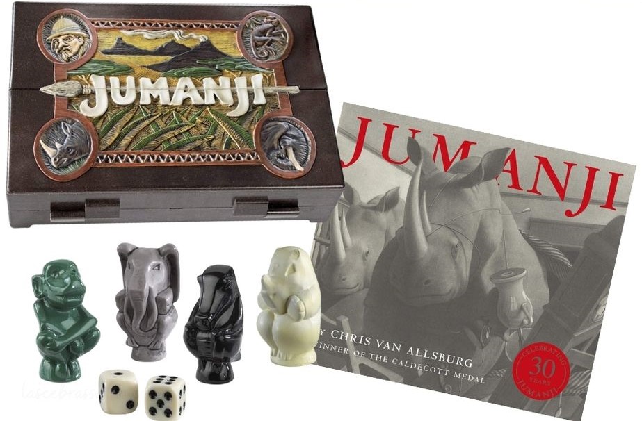 Libro infantil y tablero de Jumanji con notas curiosas sobre la saga