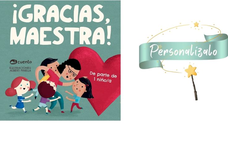 Profesora recibiendo un cuento personalizado como regalo de fin de curso.