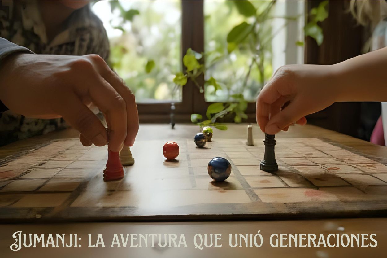 Tablero de juego con hojas de jungla y manos familiares a punto de jugar, inspirado en la saga Jumanji y su espíritu de aventura en familia