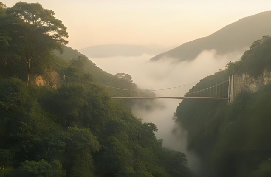 Paisaje de aventura con puentes colgantes y niebla, evocando Jumanji: Siguiente nivel (2019)