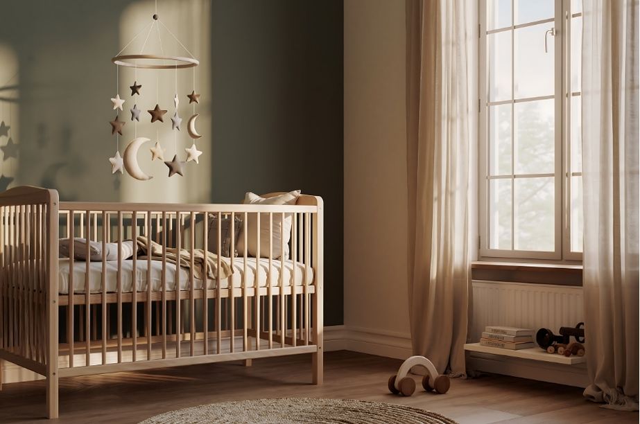 Habitación de bebé preparada con elementos básicos y ordenados