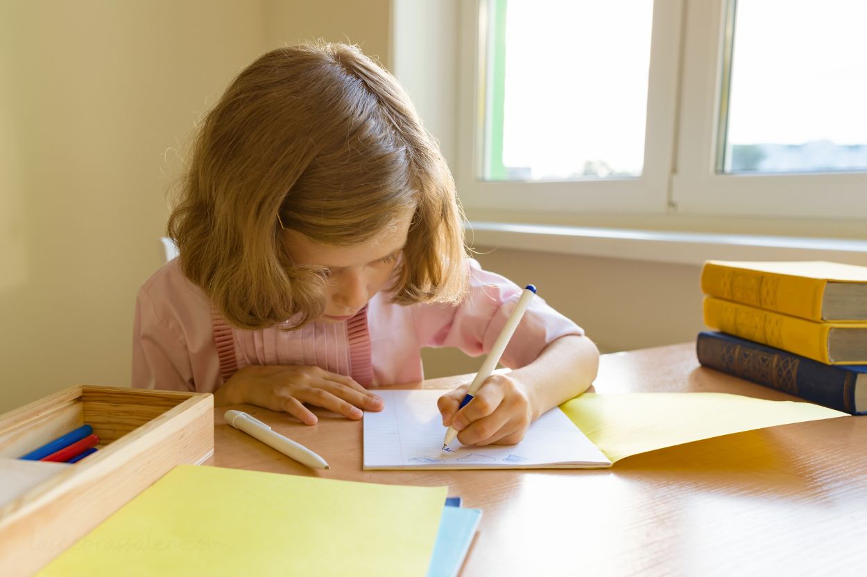 Niño zurdo escribiendo con dificultad durante el aprendizaje de la escritura