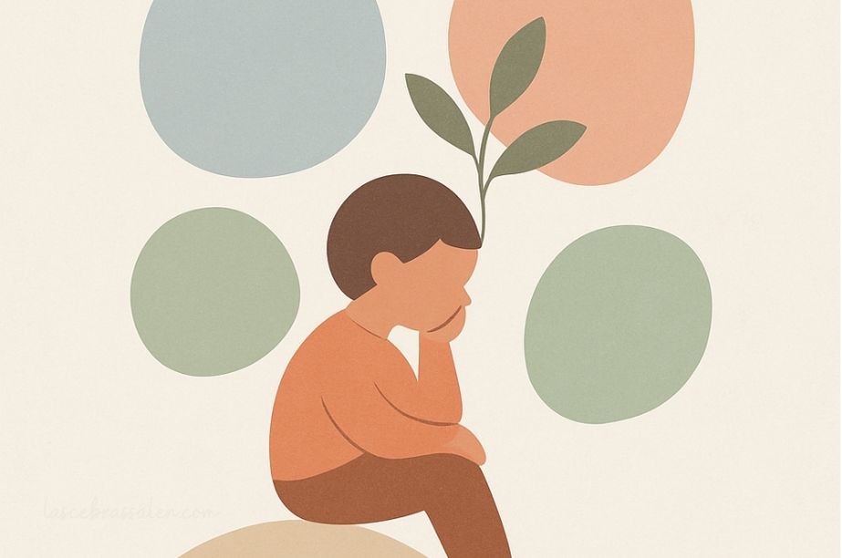 Ilustración de un niño en actitud reflexiva rodeado de formas suaves que sugieren desarrollo interior