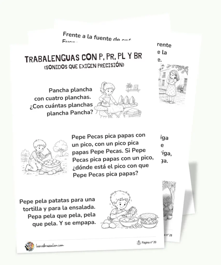Cuadernillo imprimible de trabalenguas para niños con ilustraciones para colorear.