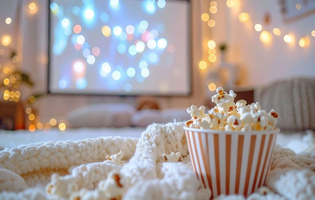 Palomitas sobre una manta mientras se ve una película en casa en un ambiente familiar y acogedor